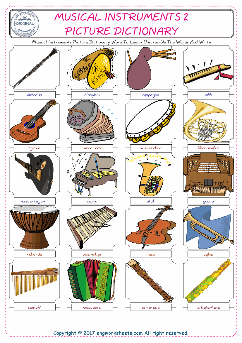  Musical Instruments ESL Worksheets For kids, the exercise worksheet of finding the words given complexly and supplying the correct one. 